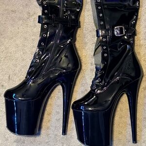 Pleaser 8" Flamingo #3028 Black Patent Thigh High Boots- Size 10
